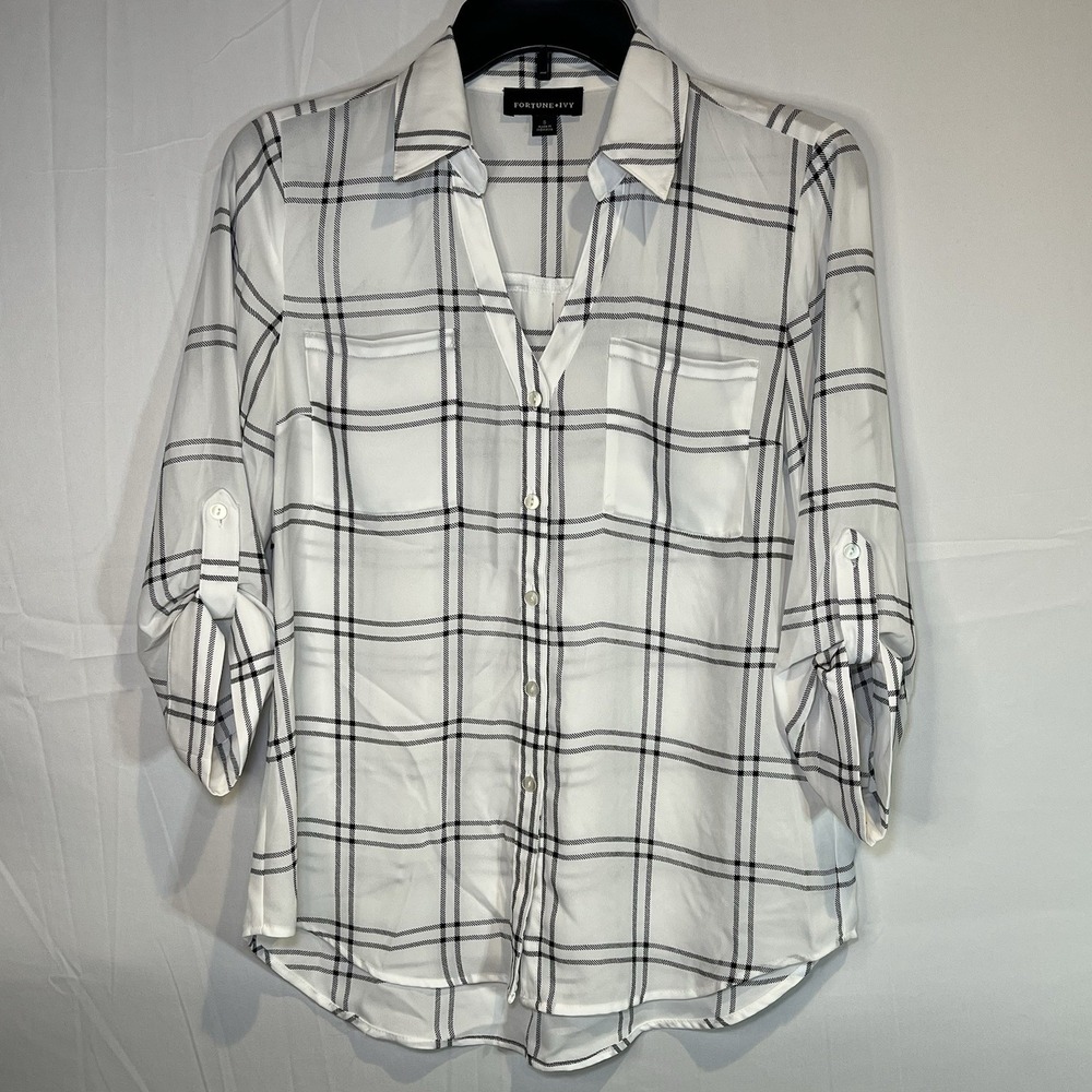 Fortune Ivy Stitch Fix Blouse Womens Small Roll Tab Sleeve Preppy Button Down